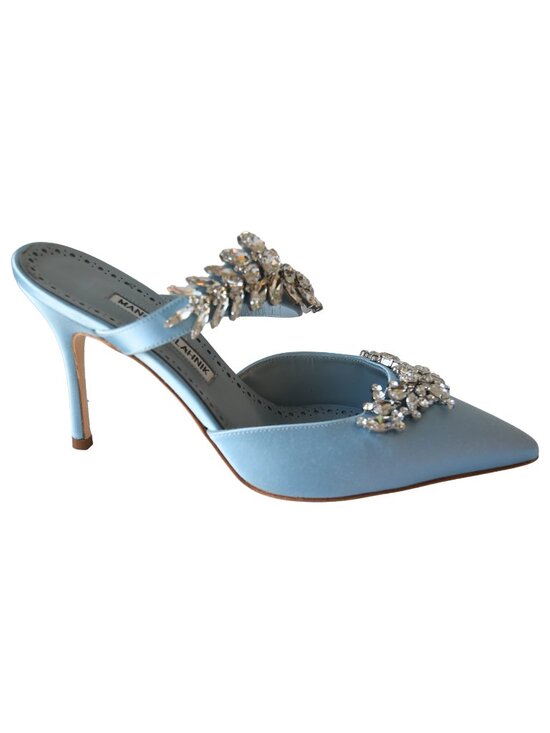 Manolo Blahnik Lurum Satin Mules Heels Blue - Picture 2 of 5